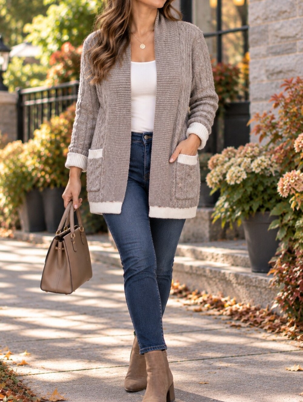 Tahari Taupe Cable Knit Open Front Long Cardigan White Trim Pockets Travel Cozy